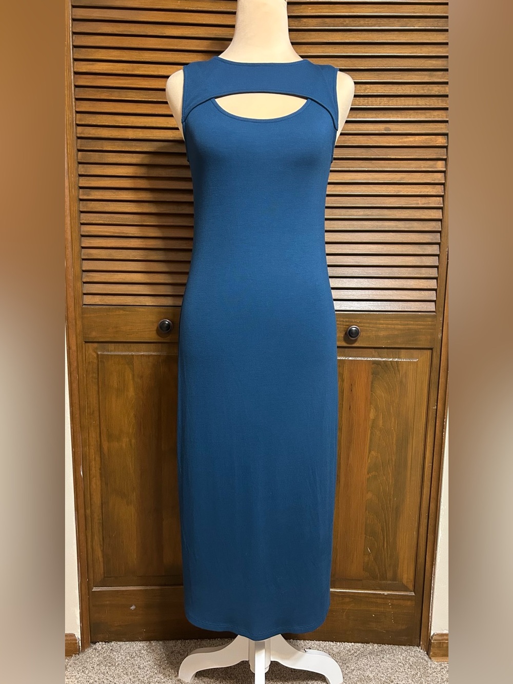 41 Hawthorn Teal Blue Ribbed Knit Front Cutout Bodycon Midi Dress Size PS